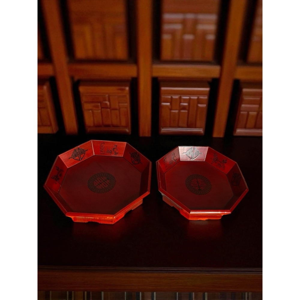 Vintage Korean Red Octagon Wooden Stack Serving Platter Trays Bowl Set Of 2